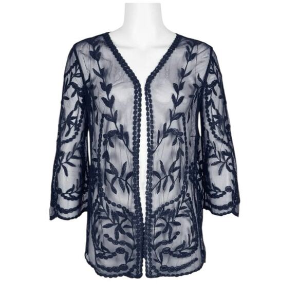 Nina Leonard Floral Embroidered Mesh 3/4 Sleeves Open Duster Cardigan Large - Picture 1 of 9
